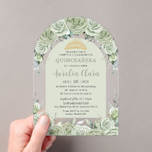 Invitations En Acrylique Sage Vert Floral Arc Moderne Or Quinceanera