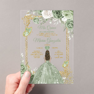 Invitations En Acrylique Sage Vert Floral Papillon Gold Frame Mis Quince