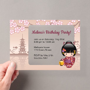 Invitations En Acrylique Sakura Kokeshi Fenêtre transparente Anniversaire B