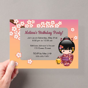 Invitations En Acrylique Sakura Kokeshi Fenêtre Transparente Anniversaire P