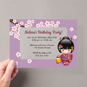 Invitations En Acrylique Sakura Kokeshi fenêtre transparente Anniversaire v