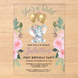 Invitations En Acrylique Sauvageonne Fille Rose Éléphant Premier Anniversai