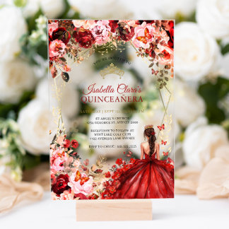Invitations En Acrylique Scarlet Elegance Gold Enchantée Quinceanera Floral