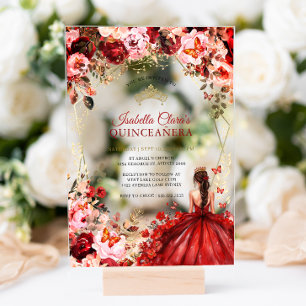 Invitations En Acrylique Scarlet Elegance Or Enchanté Floral Quinceanera