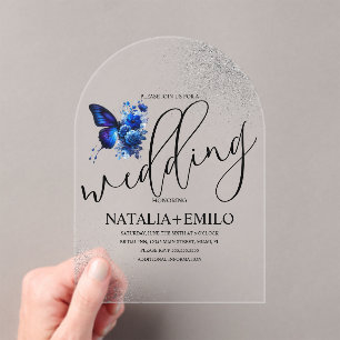 Invitations En Acrylique Script de papillon bleu moderne Mariage minimal
