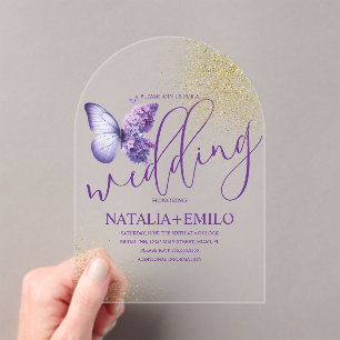 Invitations En Acrylique Script de papillon violet moderne Mariage minimal