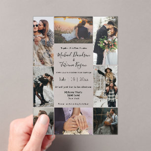 Invitations En Acrylique script élégant 8 photos collage mariage moderne