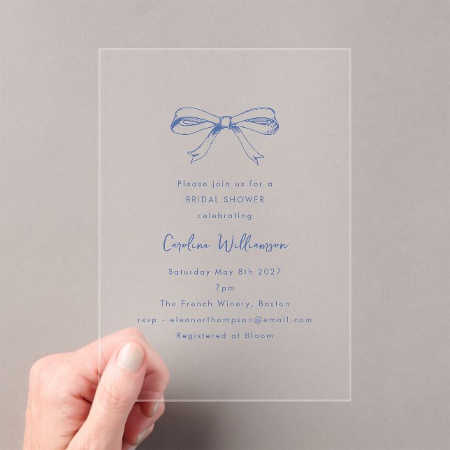 Invitations En Acrylique Script moderne Coquette Bow Fête des mariées bleue (In situ (ordinateur de poche))