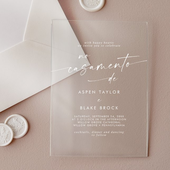 Invitations En Acrylique Script moderne Mariage portugais blanc (Modern Script White Portuguese Wedding Acrylic Invitations)