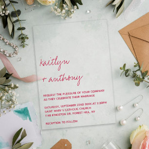 Invitations En Acrylique Script moderne Viva Magenta Mariage minimaliste