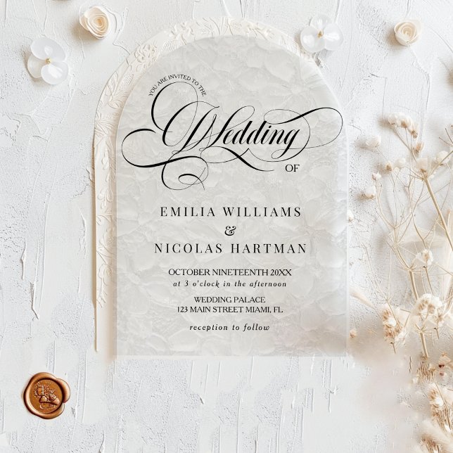 Invitations En Acrylique Script romantique Mariage noir et blanc (Créateur téléchargé)