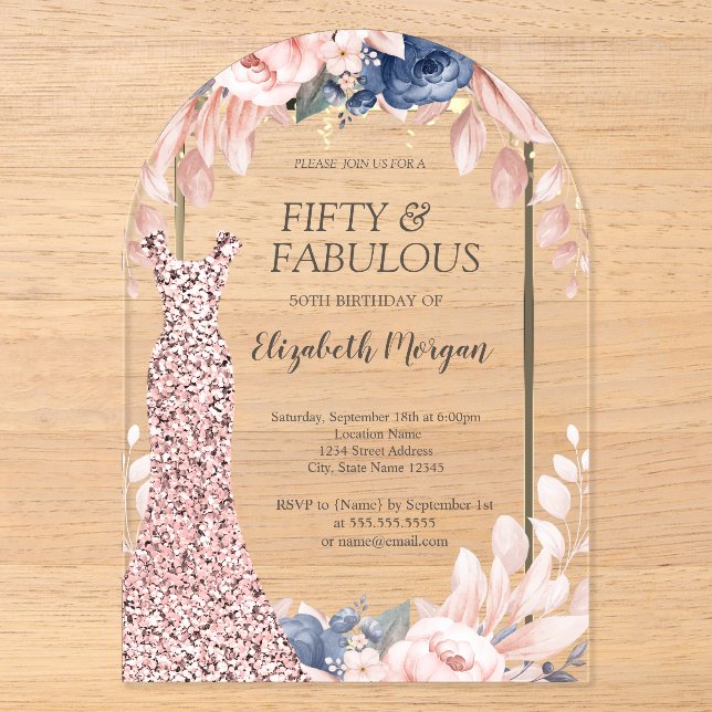 Invitations En Acrylique Sequins Robe Rose Or Floral 50e anniversaire (Recto)