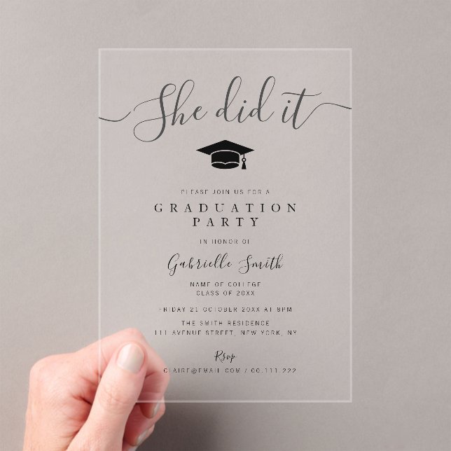 Invitations En Acrylique SHE DID IT! Modern Script Graduation Party (In situ (ordinateur de poche))