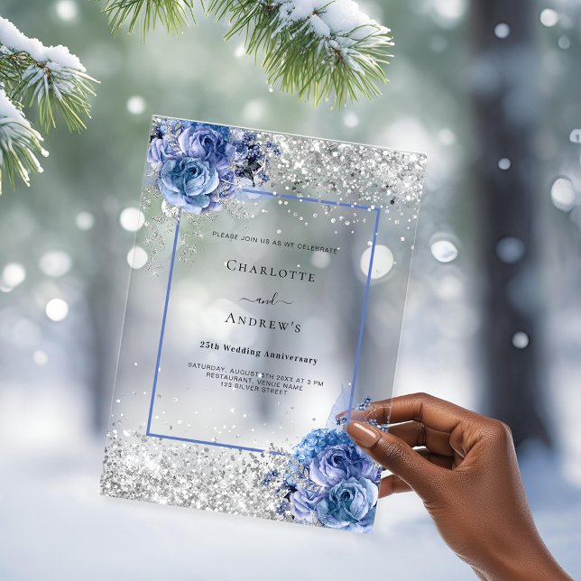 Invitations En Acrylique Silver blue florals 25th wedding anniversary clear (Créateur téléchargé)