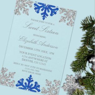Invitations En Acrylique Silver Blue Snowflake hiver Sweet 16