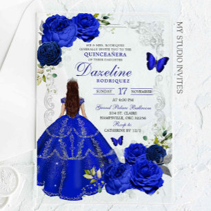Invitations En Acrylique Silver et Royal Blue Princess Quinceañera