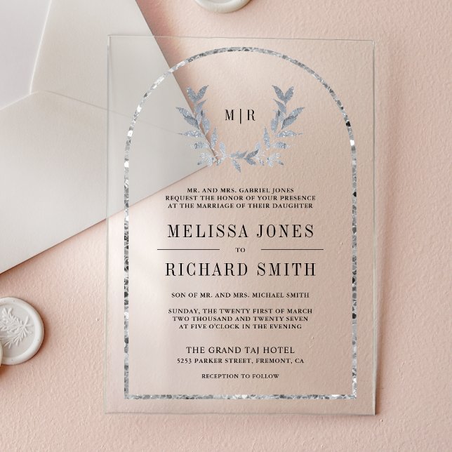Invitations En Acrylique Silver Laurel Wreath Leaves Wedding (Créateur téléchargé)