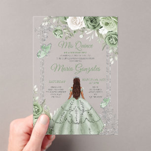 Invitations En Acrylique Silver Mis Quince Sage Vert Floral Quinceañera