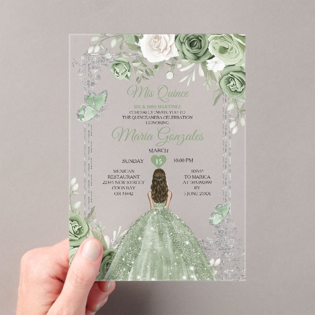 Invitations En Acrylique Silver Sage Green Mis Quince 15 Anos Butterfly (In situ (ordinateur de poche))