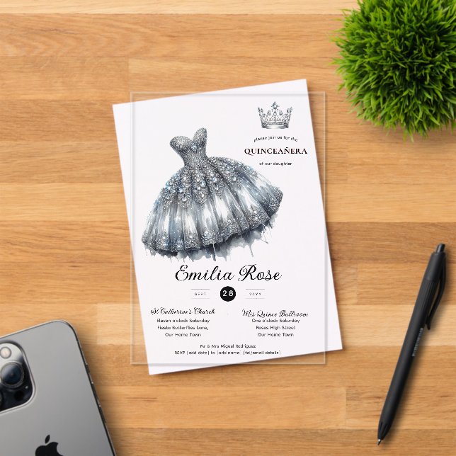 Invitations En Acrylique Silver Sweet15 QUINCEANERA Robe Diamond Papillon (Insitu (Carte d'invitation))