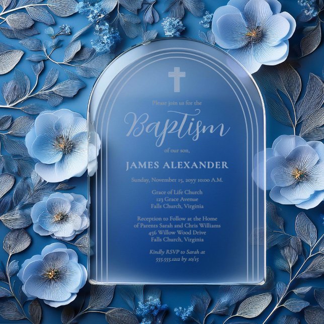 Invitations En Acrylique Simple Élégant minimaliste Baptême de garçon bleu (Simple Elegant Minimalist Blue and Gray on Clear (no background) Boy Baptism Acrylic Invitations)