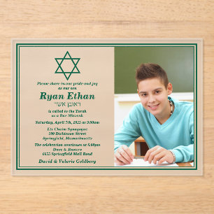 Invitations En Acrylique Simple étoile verte de David Photo Bar Mitzvah