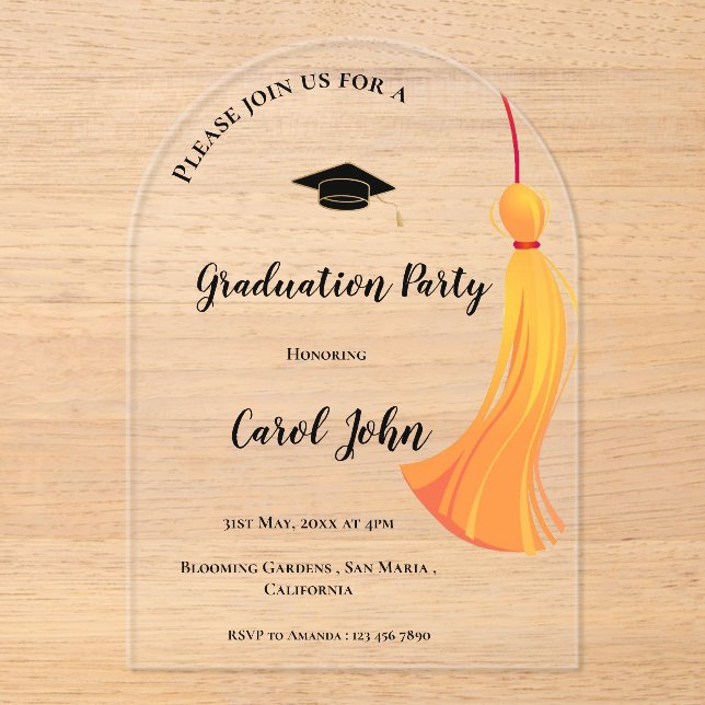 Invitations En Acrylique Simple Gold Tassel Classe de 2025 Graduation Party (Recto)