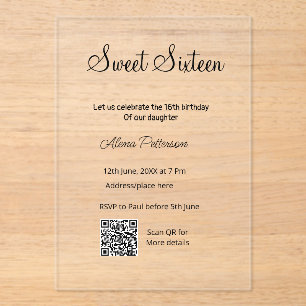 Invitations En Acrylique Simple minimum moderne Sweet sixteen QR anniversai