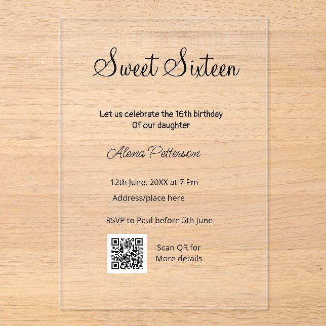 Invitations En Acrylique Simple minimum moderne Sweet sixteen QR anniversai (Recto)