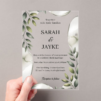 Invitations En Acrylique Simple Modern Minimal Green Leaf Wedding Acrylic 