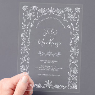 Invitations En Acrylique Simple Moderne Art Linéaire Floral Mariage Blanc