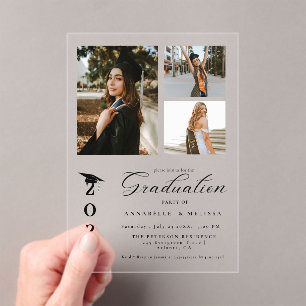 Invitations En Acrylique Simple Moderne Calligraphie Photo Twin Graduation