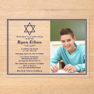 Invitations En Acrylique Simple Navy Star of David Photo Bar Mitzvah
