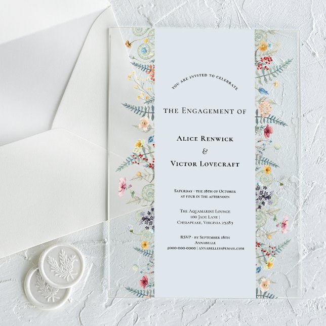 Invitations En Acrylique Simple Wildflower Fern Dusty Blue Engagement Party (Créateur téléchargé)