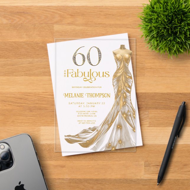 Invitations En Acrylique Sixty and Fabulous Gold Dress 60th Birthday (Insitu (Carte d'invitation))
