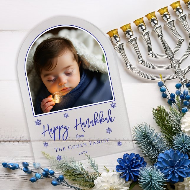 Invitations En Acrylique Snowflakes Arched Photo Happy Hanoukka Greeting (Snowflakes Simple Modern Arched Photo "Happy Hanukkah" Jewish Family Greeting Acrylic Card)