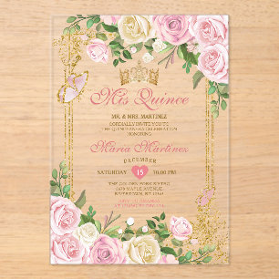Invitations En Acrylique Soft Blush rose Anniversaire Or Couronne Mis Quinc