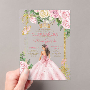 Invitations En Acrylique Soft Blush Rose Mis Quince Couronne Or Quinceañera