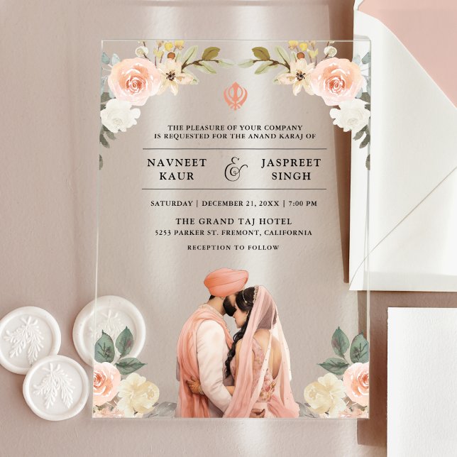 Invitations En Acrylique Soft Peach Floral Anand Karaj Indian Sikh Wedding (Créateur téléchargé)