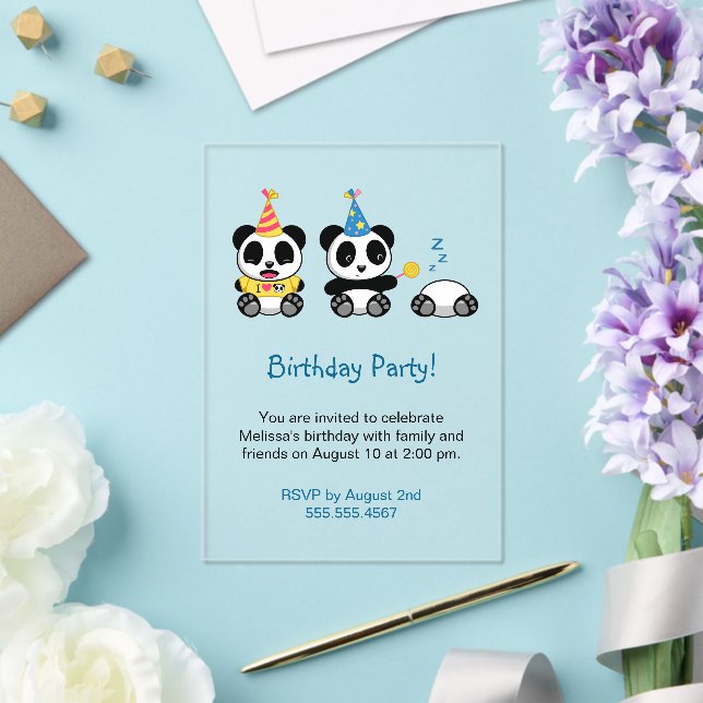 Invitations En Acrylique Soirée d'anniversaire de Cute Pandas (Insitu (Mariage))
