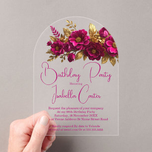 Invitations En Acrylique Soirée d'anniversaire élégante Fleurs d'or rose