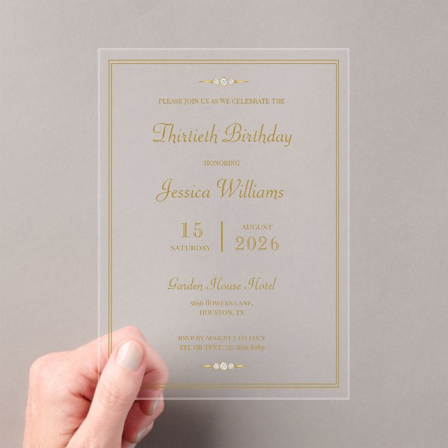 Invitations En Acrylique Soirée d'anniversaire encadrée d'or élégant (In situ (ordinateur de poche))