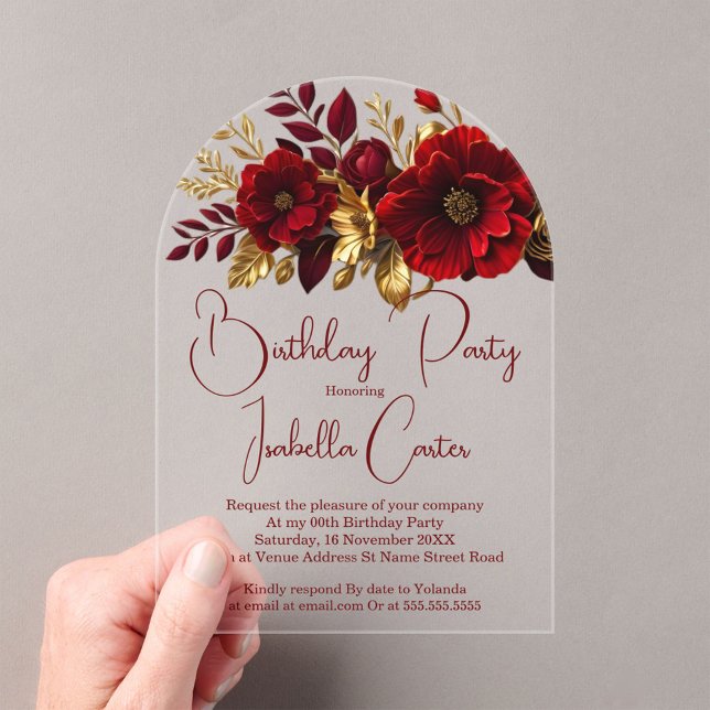 Invitations En Acrylique Soirée d'Anniversaire Fleurs rouges or (Créateur téléchargé)