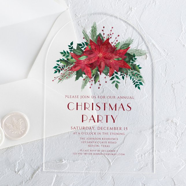 Invitations En Acrylique Soirée de Noël Elégante Rouge Floral Poinsettia (Elegant Red Floral Poinsettia Christmas Party Acrylic Invitations)