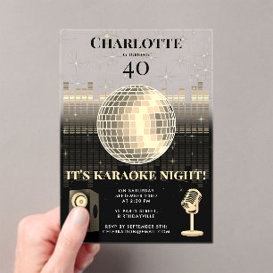 Invitations En Acrylique Soirée Karaoké Black Gold 40e Anniversaire Disco