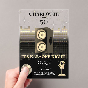 Invitations En Acrylique Soirée Karaoke Black Gold 50ème Anniversaire Disco
