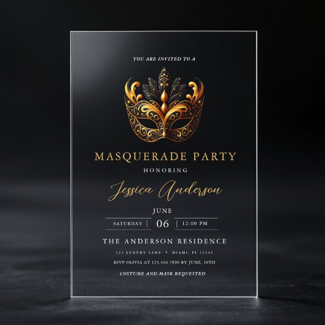 Invitations En Acrylique Soirée mascarade or Elégante Anniversaire (Créateur téléchargé)