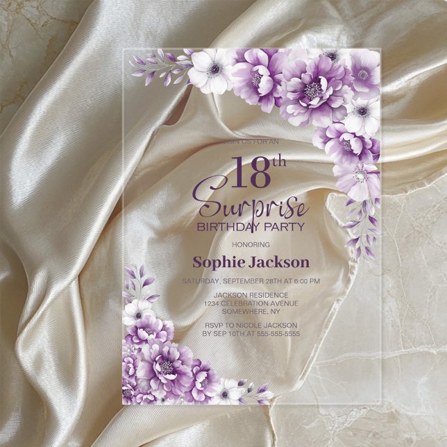 Invitations En Acrylique Soirée stylish Rose Floral Surprise 18e anniversai (Créateur téléchargé)