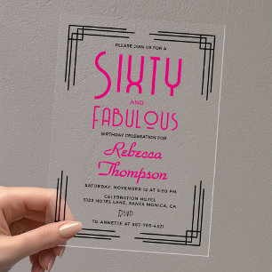 Invitations En Acrylique Soixante ans et Fabuleux Rose Chaud Art Déco 60e A
