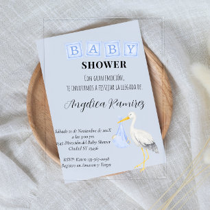 Invitations En Acrylique Stork Baby shower espagnol Dusty Blue Script
